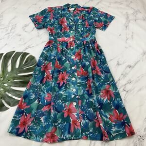 Leslie Fay Womens Vintage 90s Shirt Dress Size 10 Blue Pink Tropical Floral